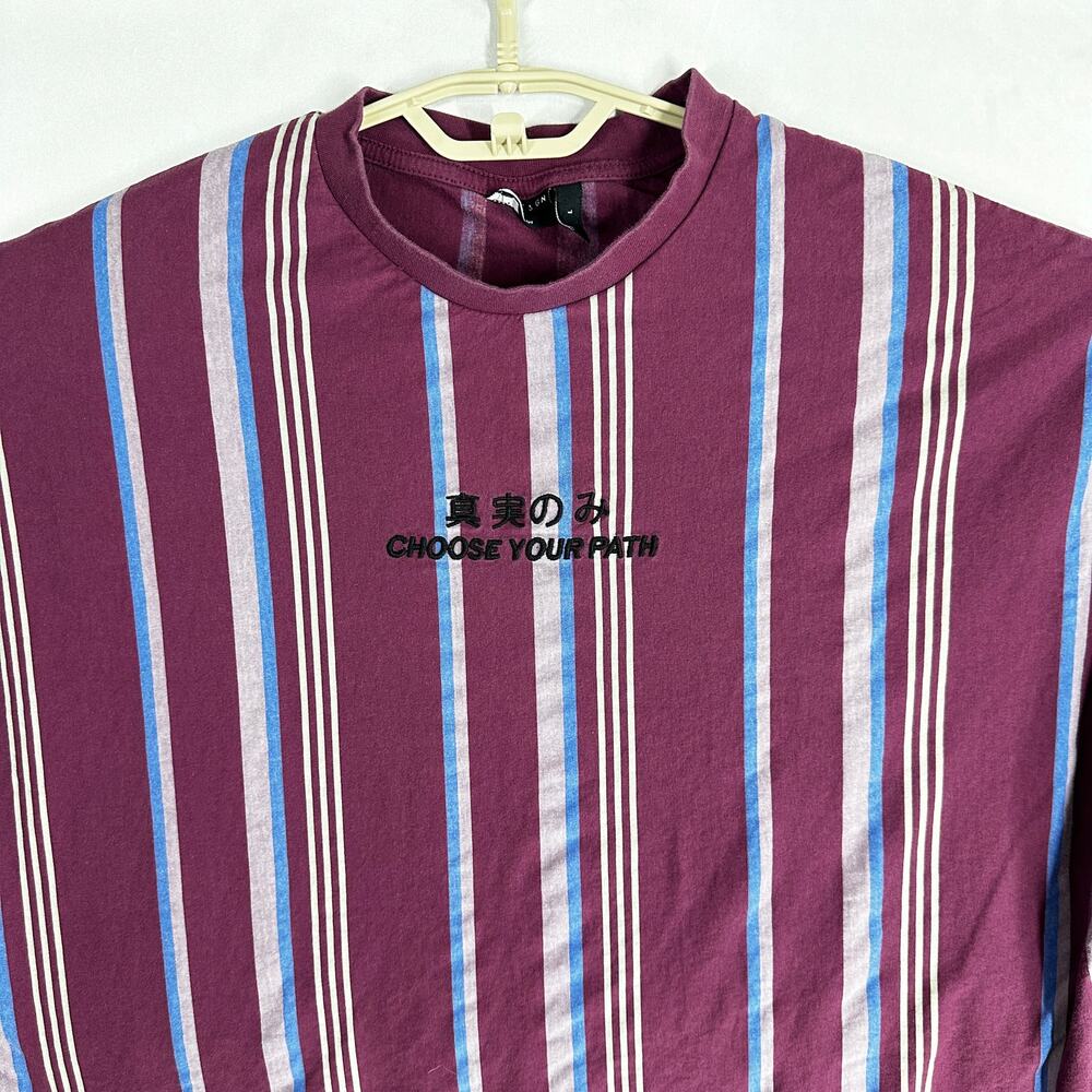 90s ASOS Tee Shirt L Purple Blue Vertical Strips Short Sleeves Choose Your Path